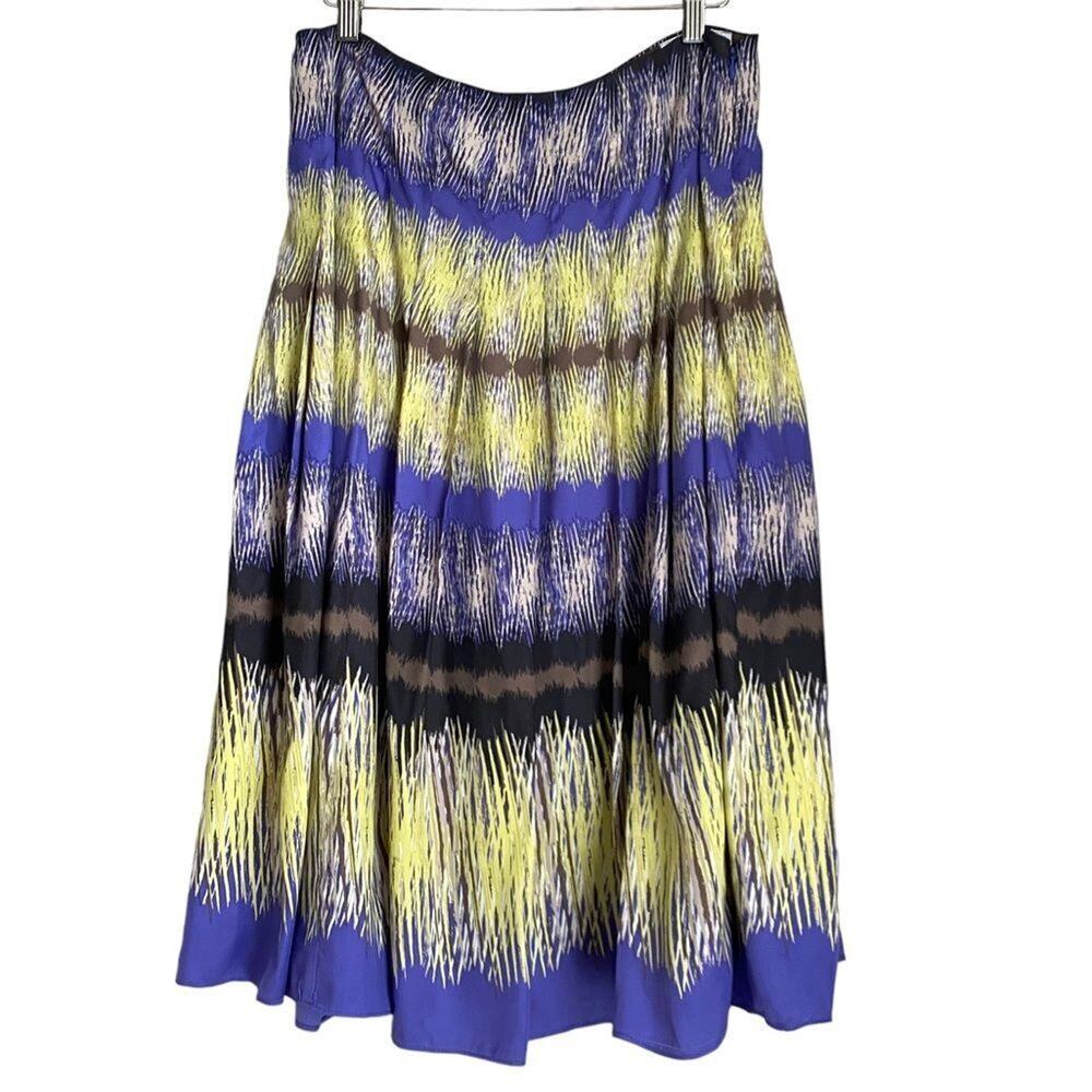 Jones New York Silk Blend Ikat Pleated Midi Skirt 6 Purple Chartreuse